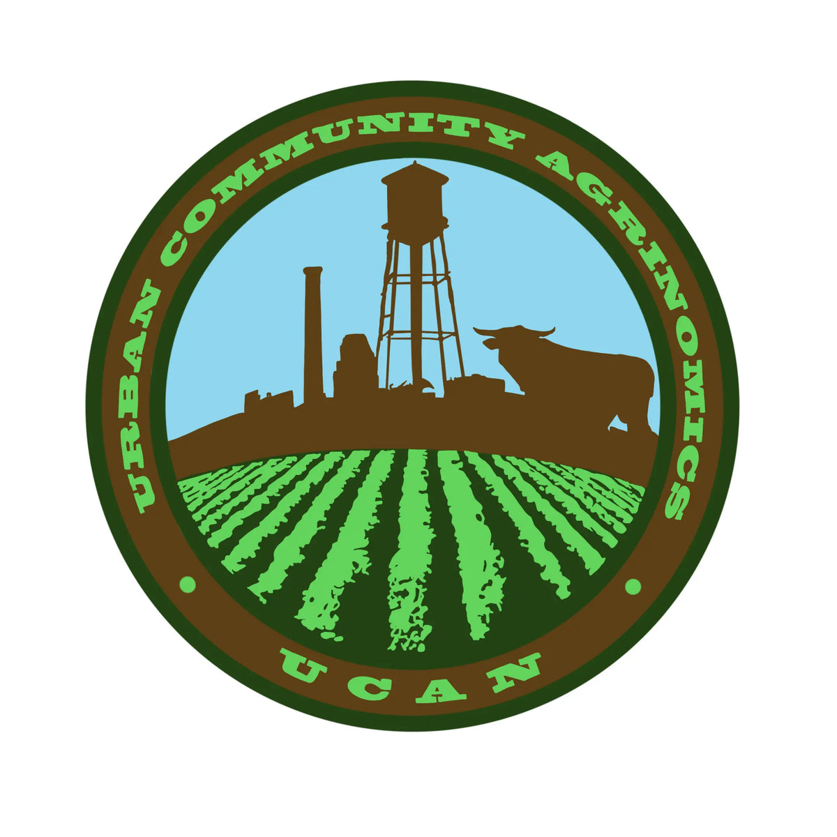 Logo of Urban Community Agrinomics (UCAN) featuring a water tower, cow, and green fields.