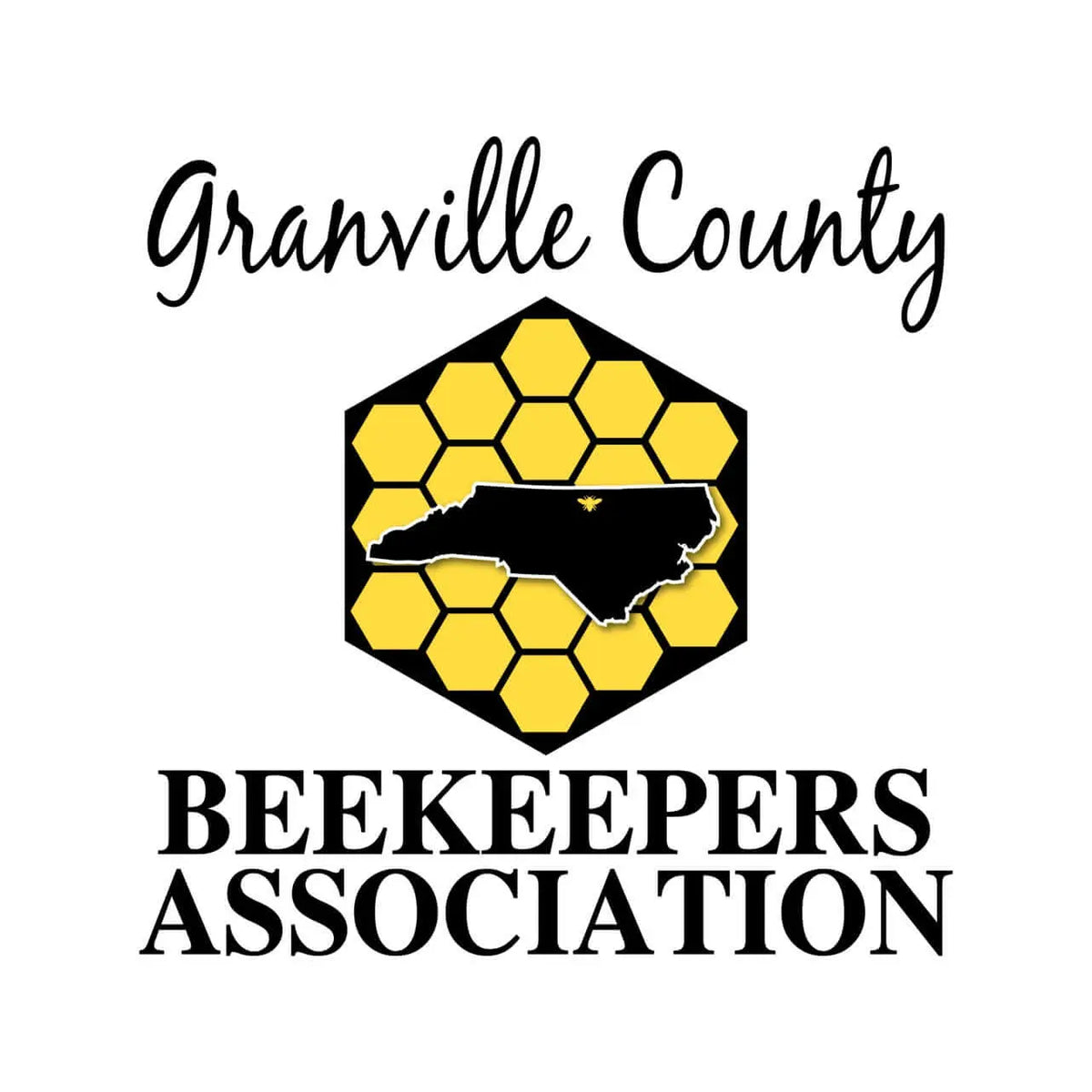 Granville County Beekeepers Association logo with honeycomb background and North Carolina state outline.