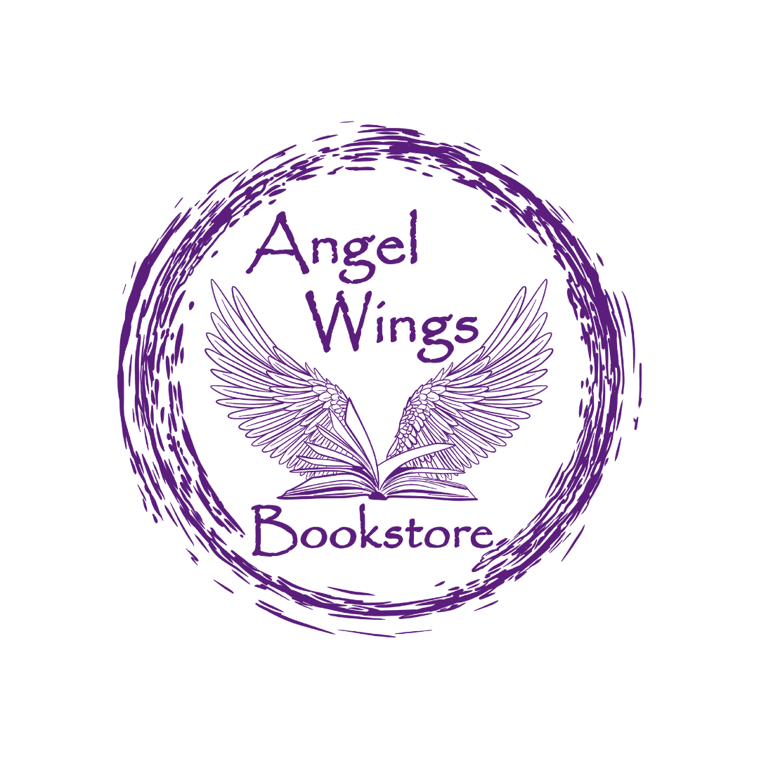 Angel Wings Bookstore logo with open book and angel wings, framed in a purple circular brushstroke design.