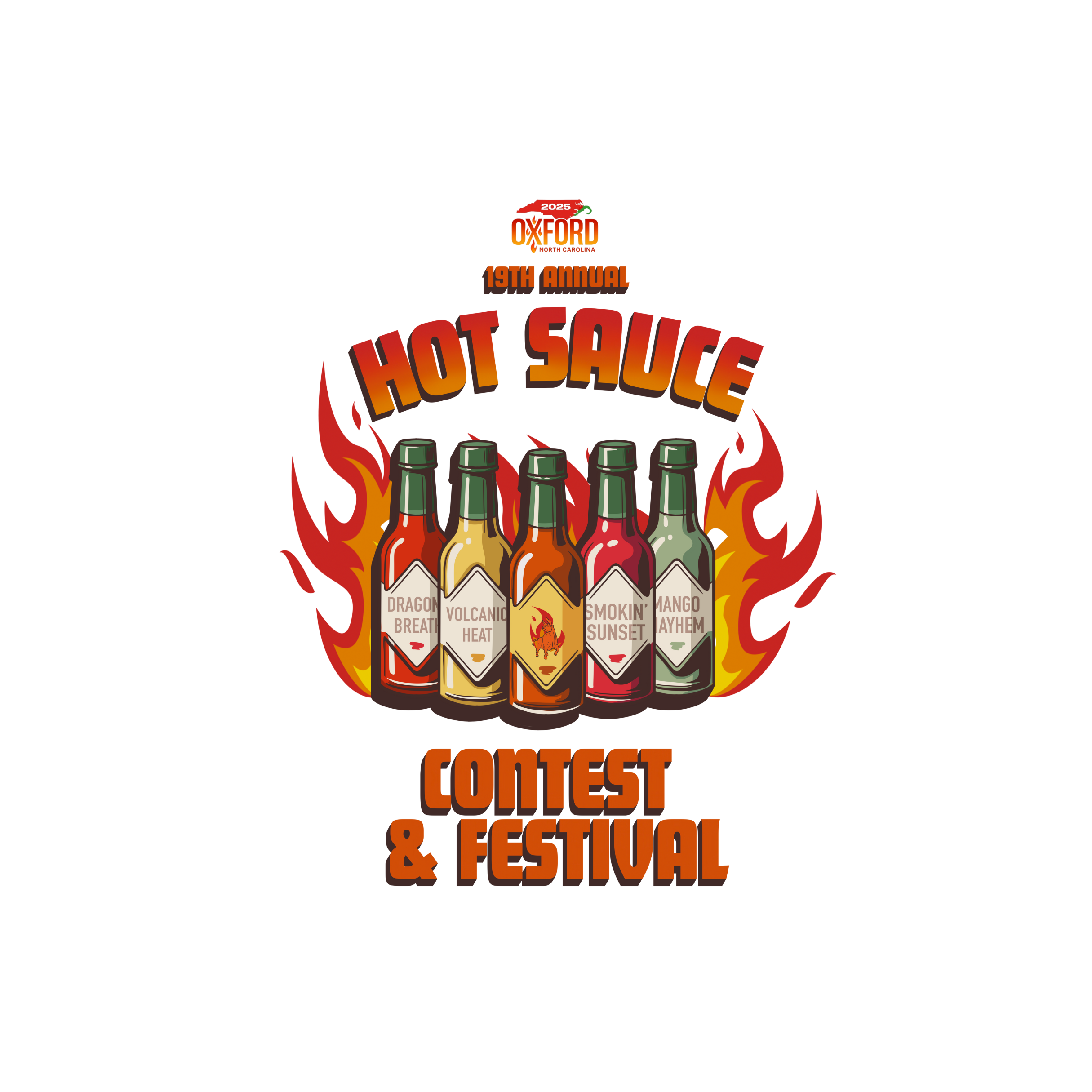 2024 NC Hot Sauce Contest & Festival logo with spicy pepper design, Oxford, NC, official event merchandise.