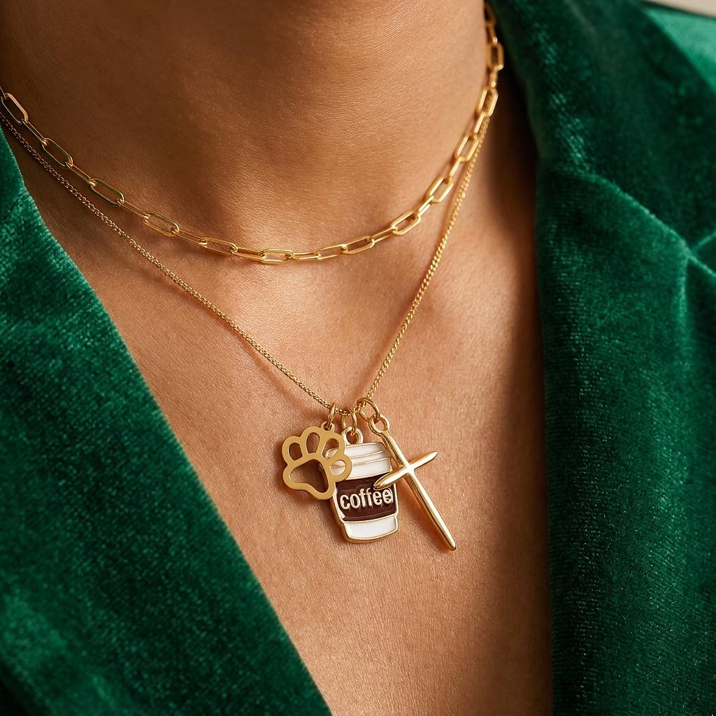 18K gold epoxy coffee cup charm by Winks Design Studio, LLC, featuring a detailed miniature coffee cup with a shiny gold finish.