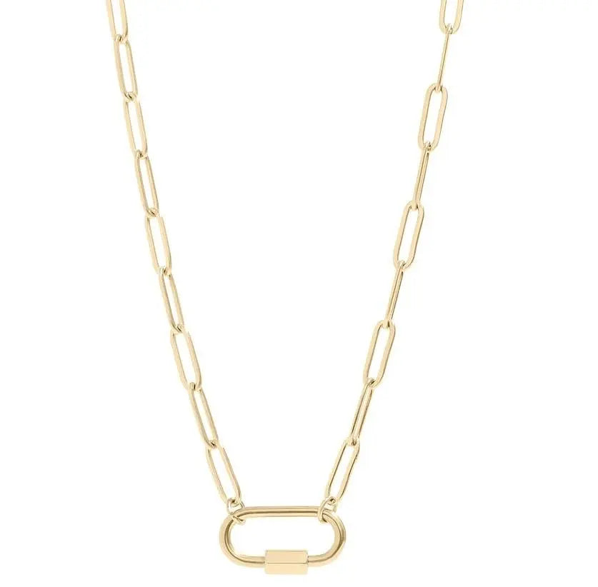18K gold paperclip carabiner necklace by Winks Design Studio, LLC, featuring a sleek, modern design with a polished finish.