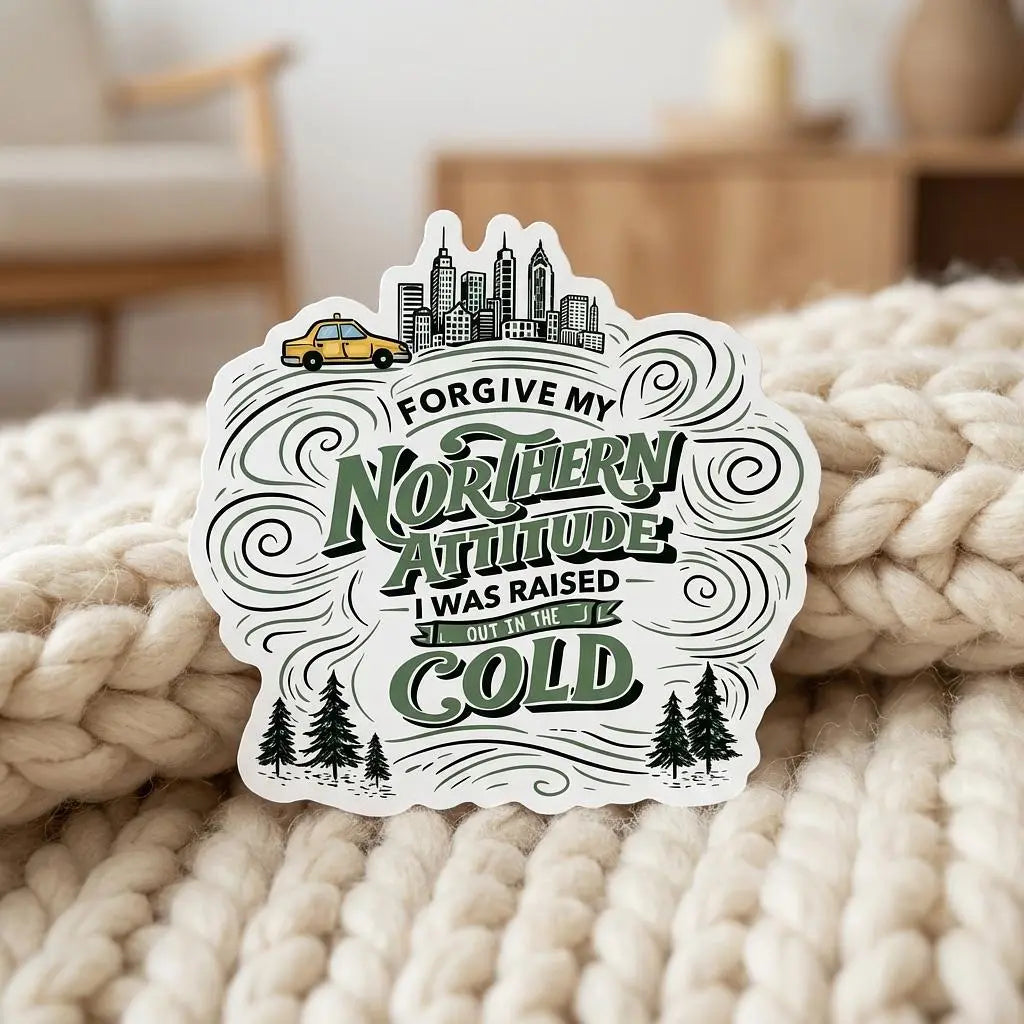 Winks Design Studio LLC Forgive My Northern Attitude sticker featuring bold, humorous text on a clear background.