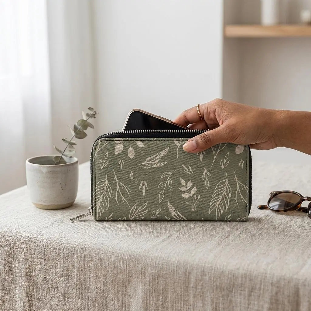 Winks Design Studio leather wallet with sage green accents, compact design, and multiple card slots.