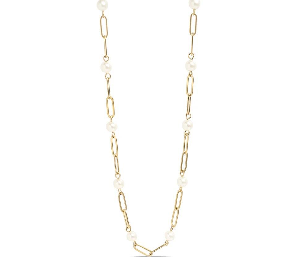 18K Gold Pearl Station Paperclip Chain Necklace