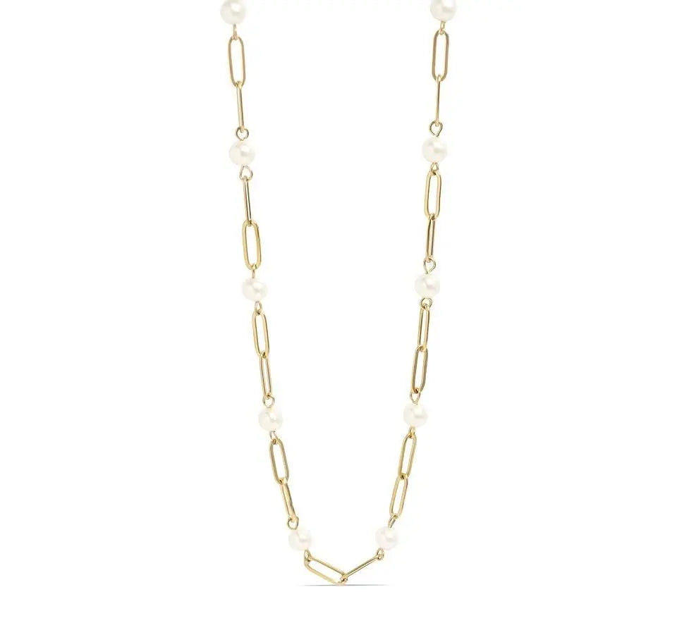 18K gold pearl station paperclip chain necklace with alternating pearls and sleek gold links, designed by Winks Design Studio.