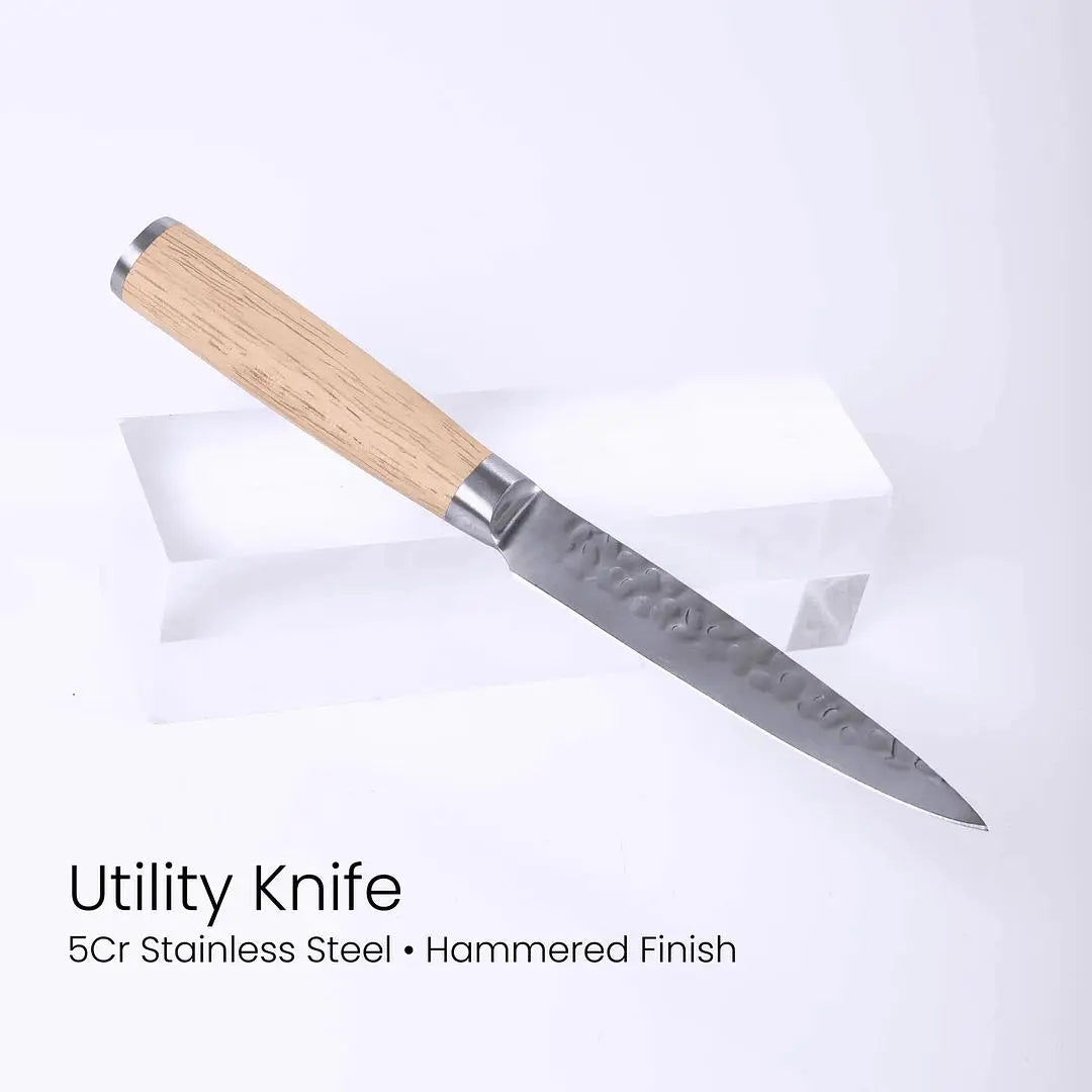Custom engraved 6-piece chef knife set by Winks Design Studio with magnetic rubberwood block for kitchen and dining use.