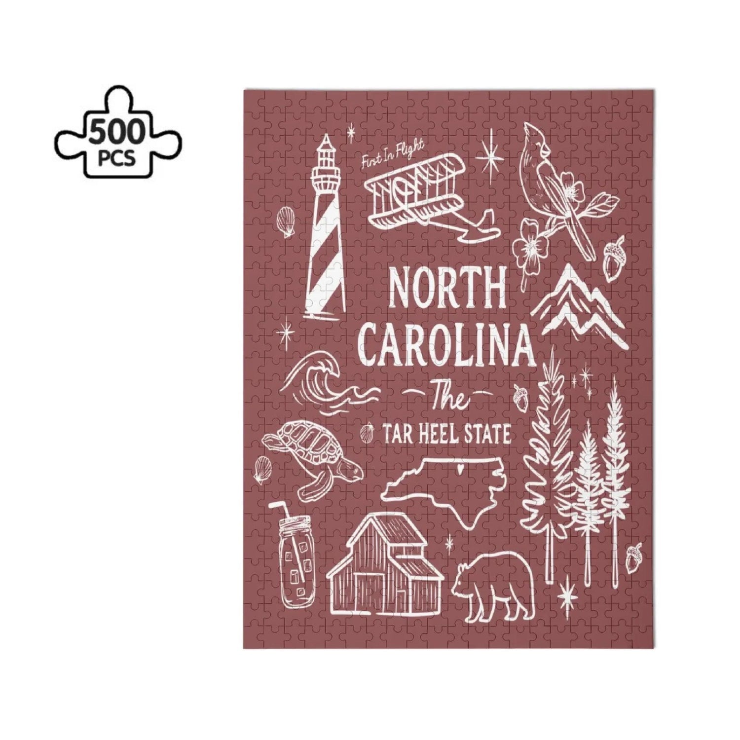 North Carolina "Tar Heel State" Wooden Puzzle – 500 Pieces - Winks Design Studio,LLC