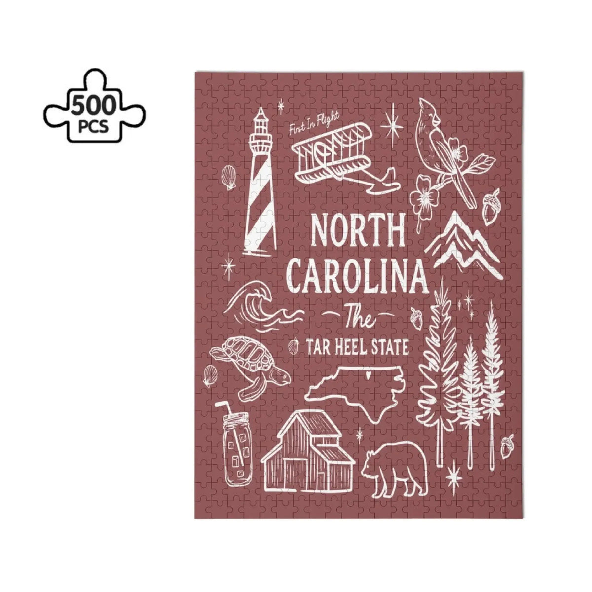 Wooden 500-piece North Carolina "Tar Heel State" puzzle by Winks Design Studio LLC, featuring a detailed map of North Carolina.
