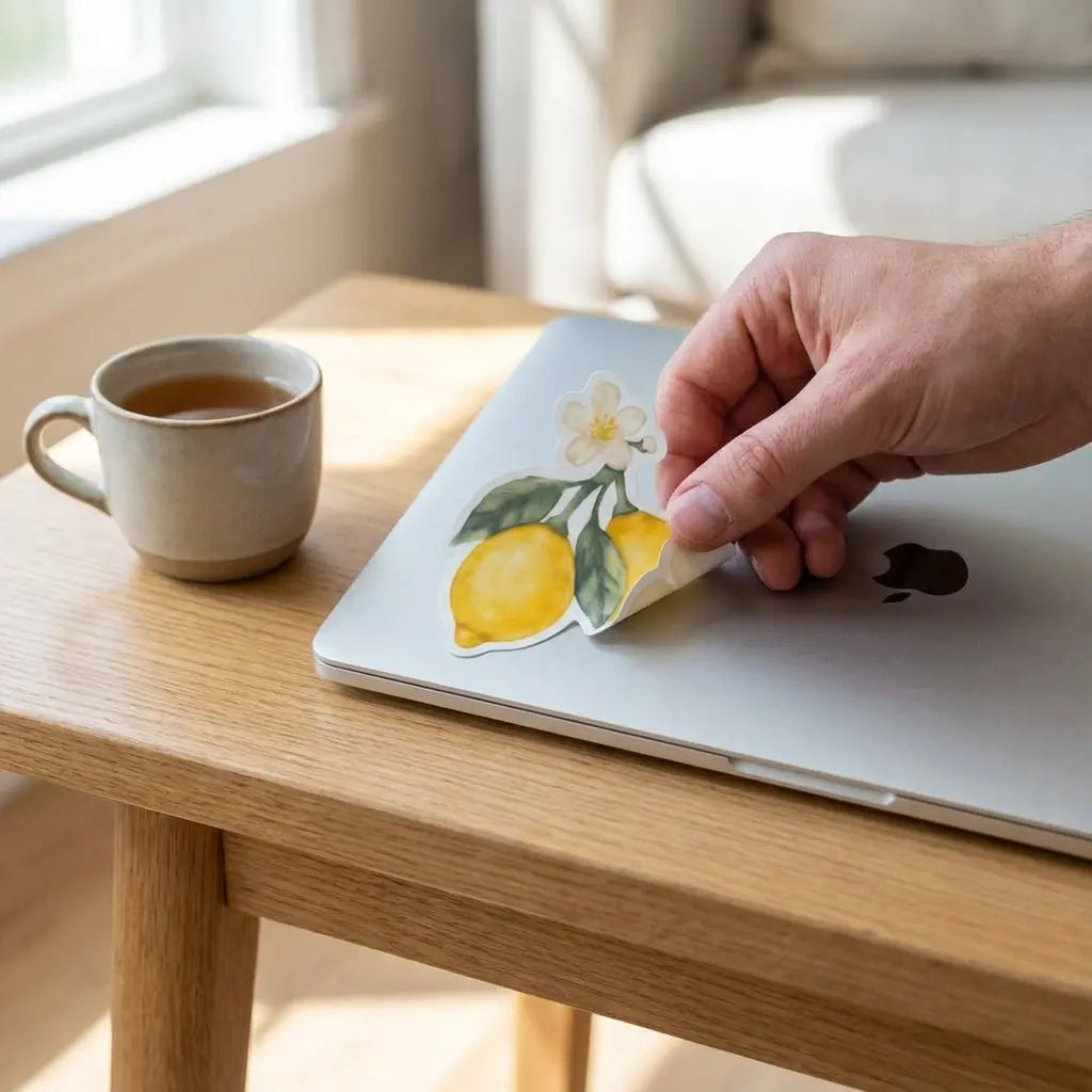 Lemon Blossom waterproof sticker by Winks Design Studio, LLC featuring a vibrant lemon blossom design on a clear adhesive backing.