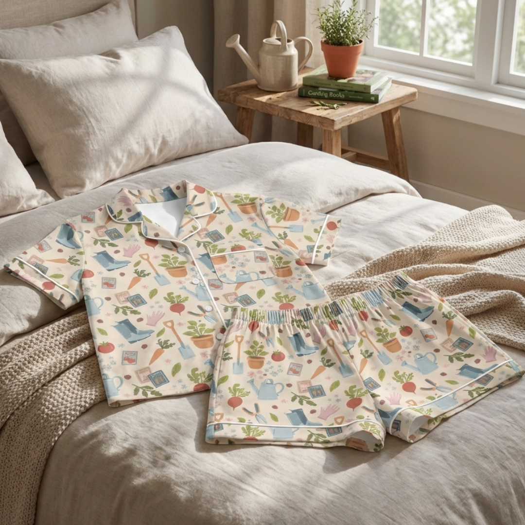 Winks Design Studio 2-piece pajama set with floral print, featuring a long-sleeve top and matching pants, perfect for garden relaxation.