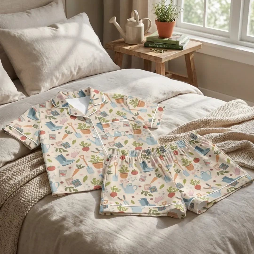 Winks Design Studio 2-piece pajama set with floral print, featuring a long-sleeve top and matching pants, perfect for garden relaxation.