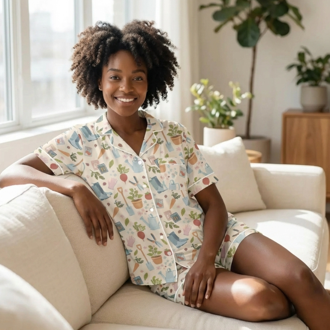 Winks Design Studio Garden Essentials 2-piece pajama set with floral print, soft fabric, and comfortable fit for women.
