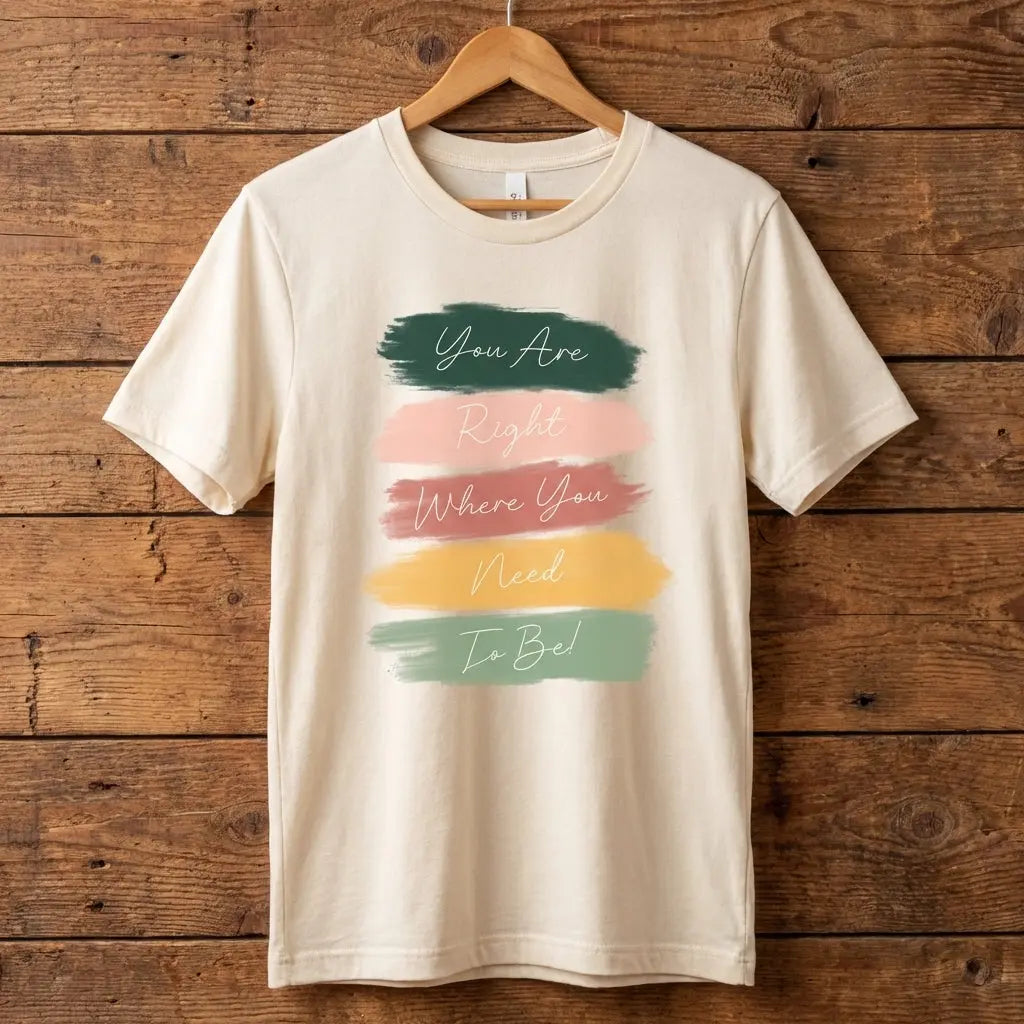 Winks Design Studio, LLC "You Are Right Where You Need To Be" motivational quote T-shirt, casual apparel for women or men.