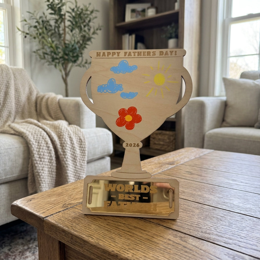 Winks Design Studio LLC Best Father Trophy Kid Winks Workshop certificate or award displayed on a table.