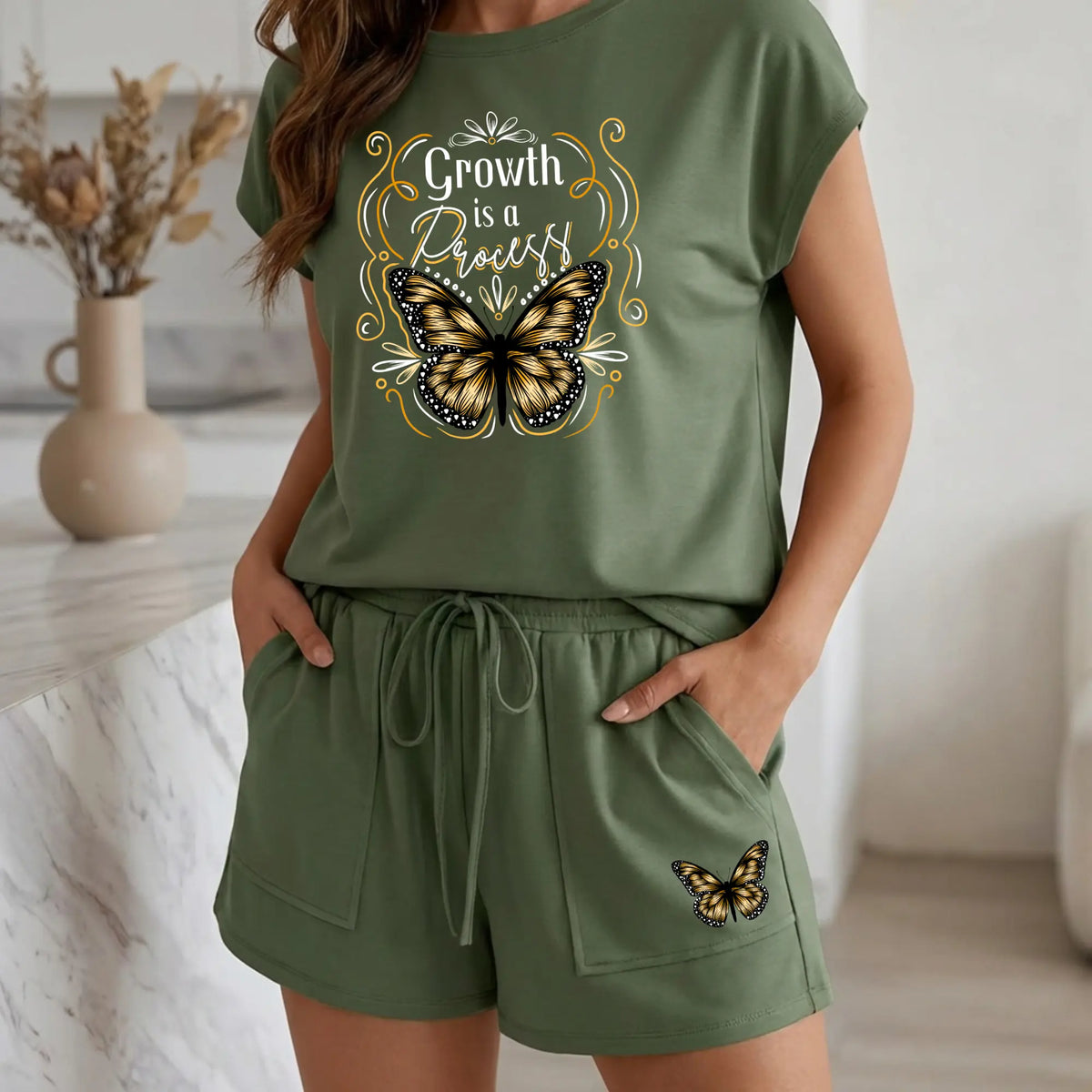 Winks Design Studio Growth Is A Process loungewear short set in soft fabric, featuring a comfortable fit and motivational print.