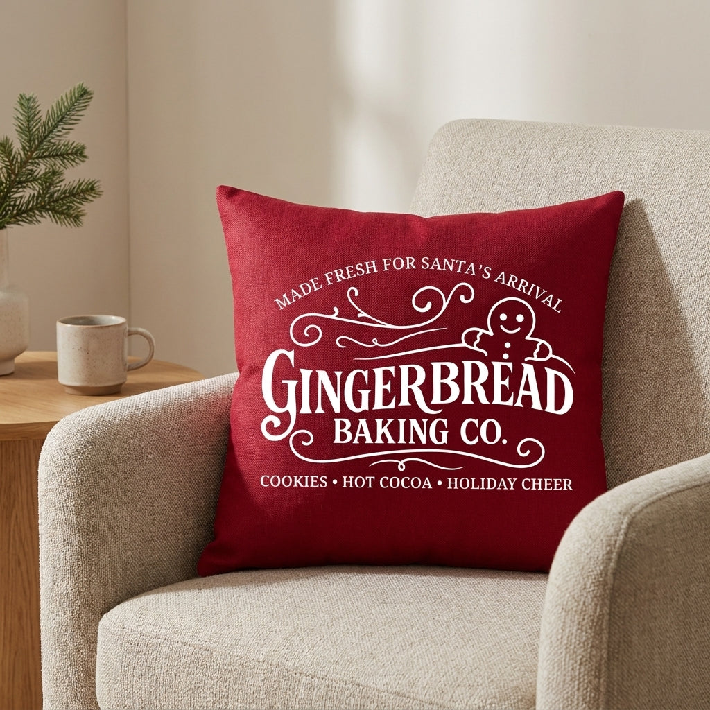 Winks Design Studio Gingerbread Baking Co. decorative pillow with festive gingerbread and holiday-themed design.