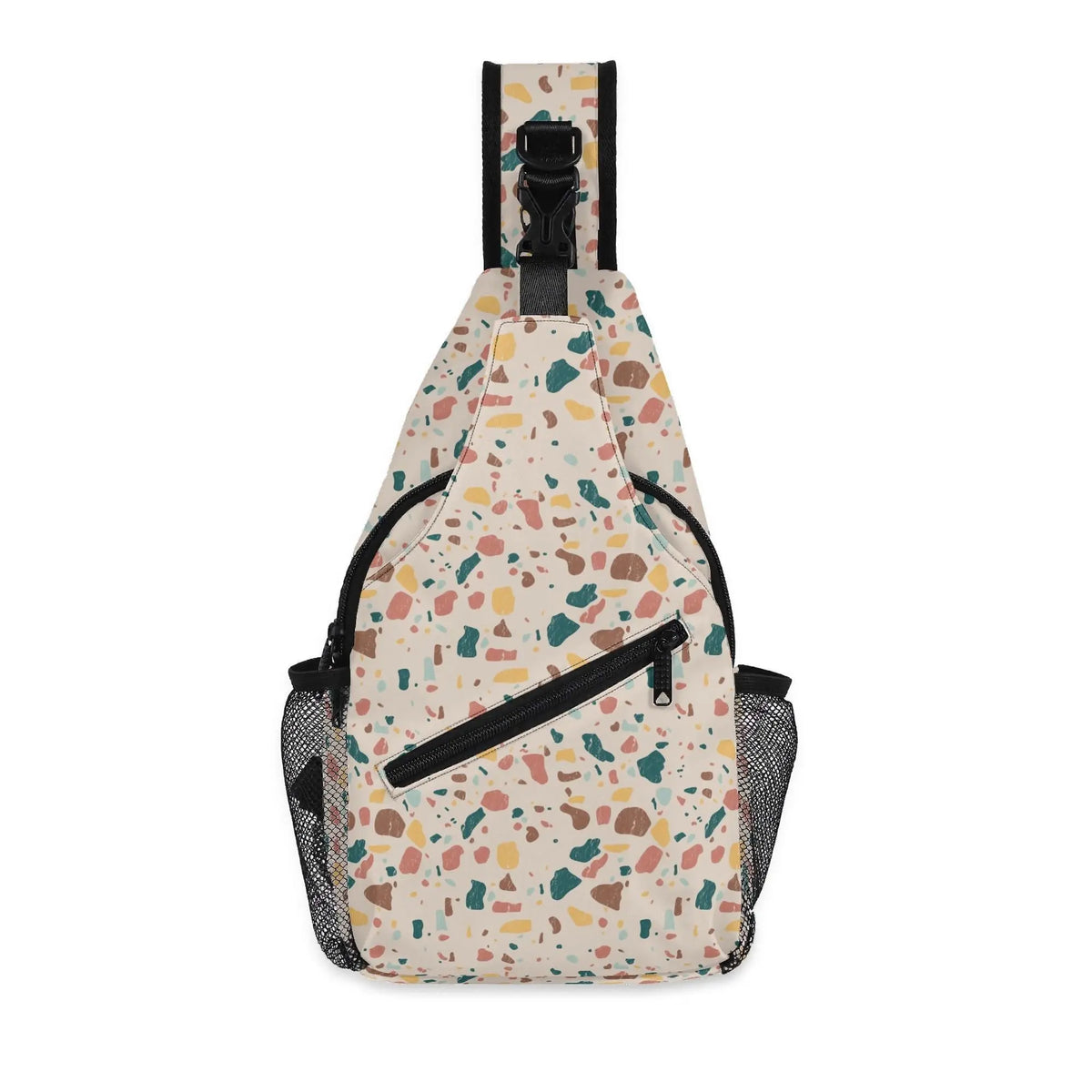 Winks Design Studio terrazzo crossbody bag with adjustable strap, featuring colorful terrazzo pattern and compact design.
