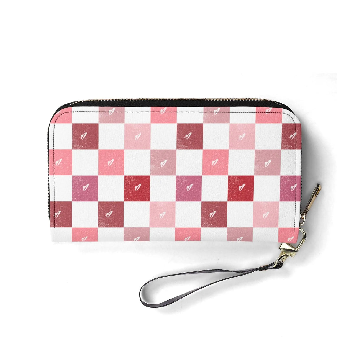 Checkerboard hearts wallet by Winks Design Studio, LLC featuring a black and white checkerboard pattern with red heart accents.