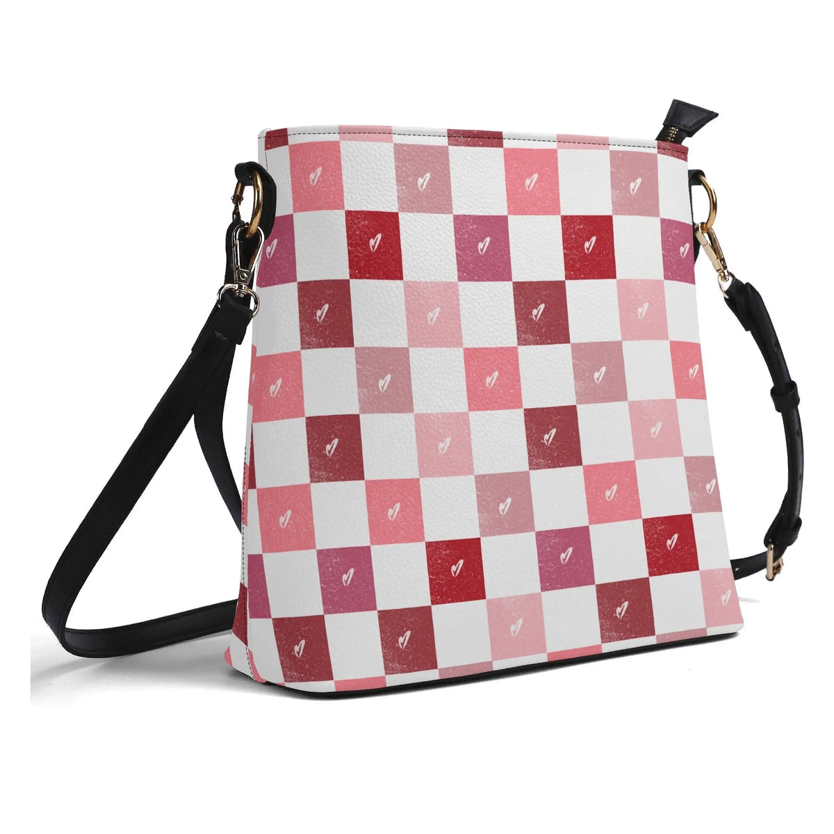 Checkerboard hearts bucket bag by Winks Design Studio, LLC featuring a stylish black and white pattern and adjustable strap.