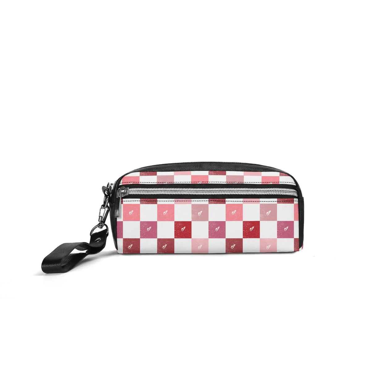 Checkerboard hearts cosmetic bag by Winks Design Studio, LLC with black and white pattern and heart accents.