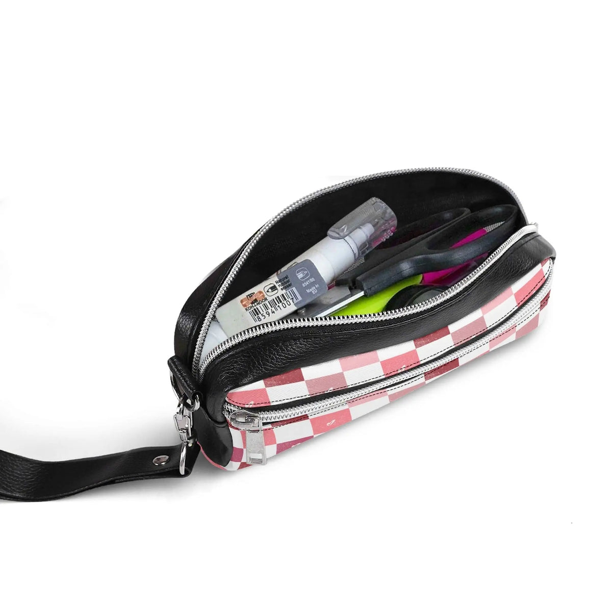 Checkerboard hearts cosmetic bag by Winks Design Studio with black and white pattern and pink heart accents.
