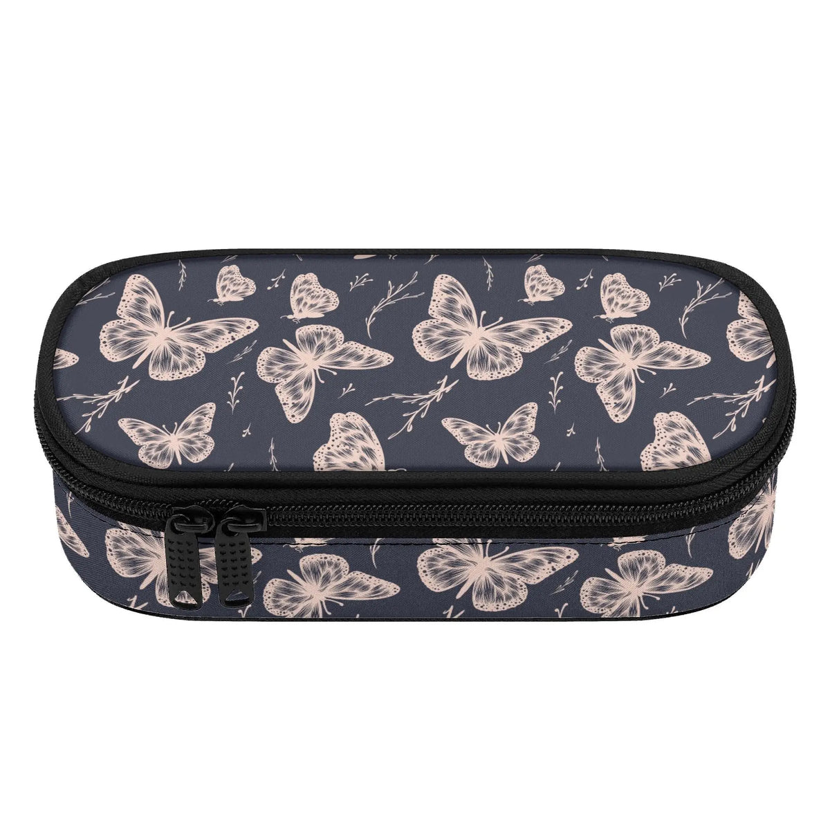Whimsical butterfly 3-layer pencil case by Winks Design Studio, LLC with colorful butterfly patterns and multiple compartments.