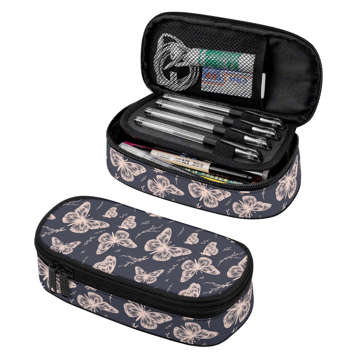 Colorful whimsical butterfly 3-layer pencil case from Winks Design Studio, LLC with multiple compartments and vibrant butterfly design.