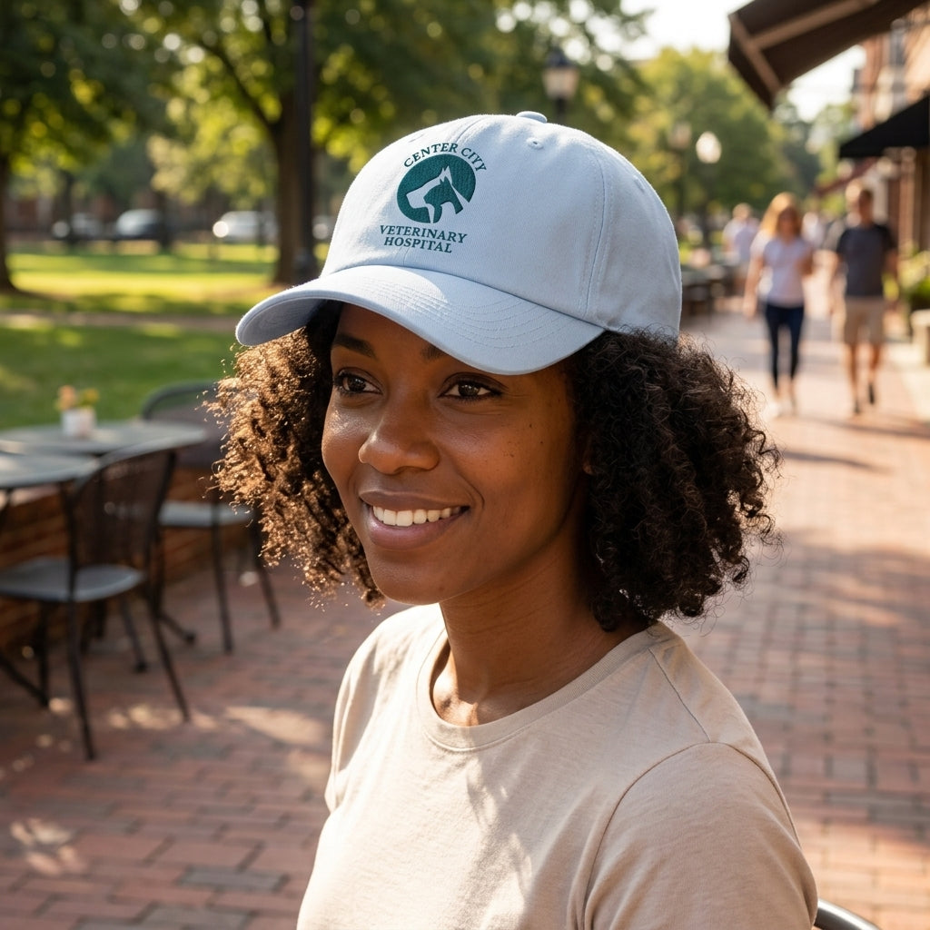 Winks Design Studio LLC Center City Vet twill hat with adjustable strap and embroidered vet logo on beige fabric.