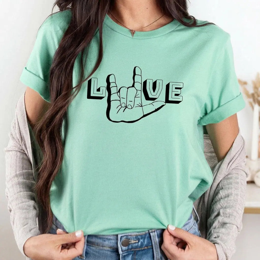 White ASL I Love You T-shirt by Winks Design Studio, LLC with bold hand sign graphic on front and comfortable fit.