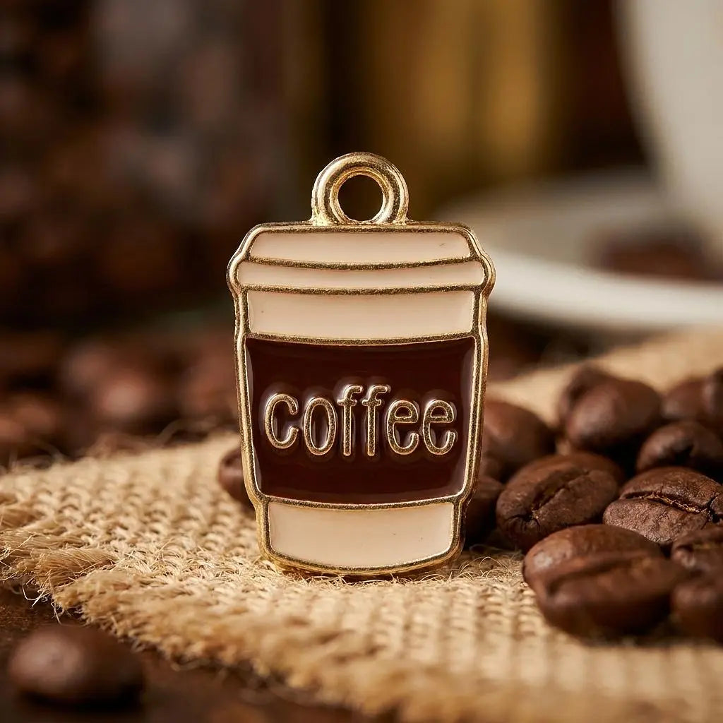 18K gold epoxy coffee cup charm by Winks Design Studio, LLC, showing a detailed gold charm with colorful epoxy accents.