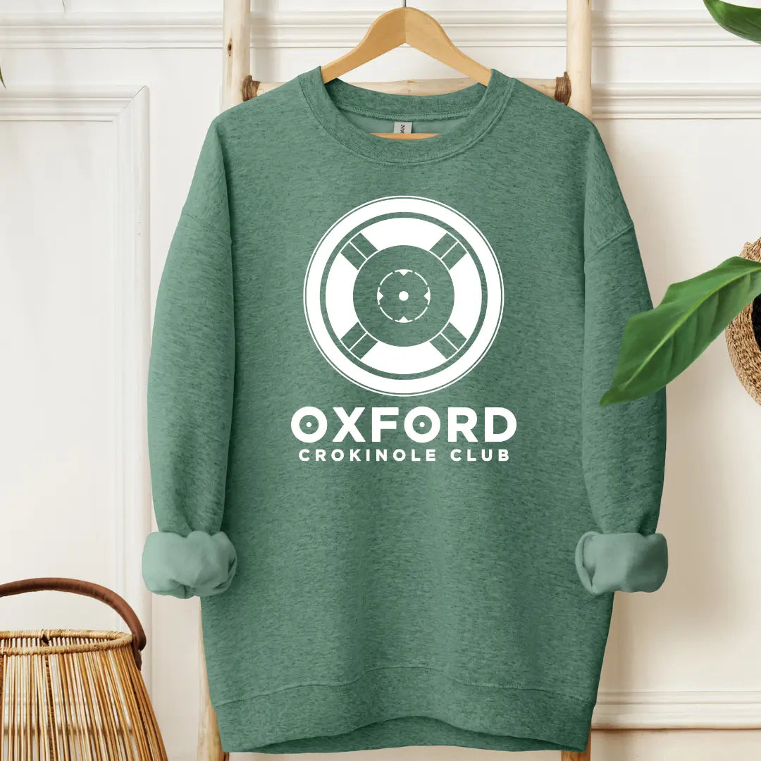 Winks Design Studio Oxford Crokinole Club crewneck hoodie in black with white text, featuring a comfortable, casual fit.
