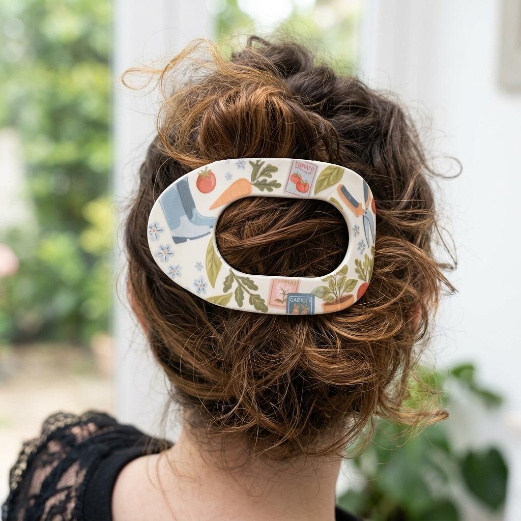 Winks Design Studio Garden Essentials Claw Clip securing hair with a sleek, durable plastic design in a natural setting.