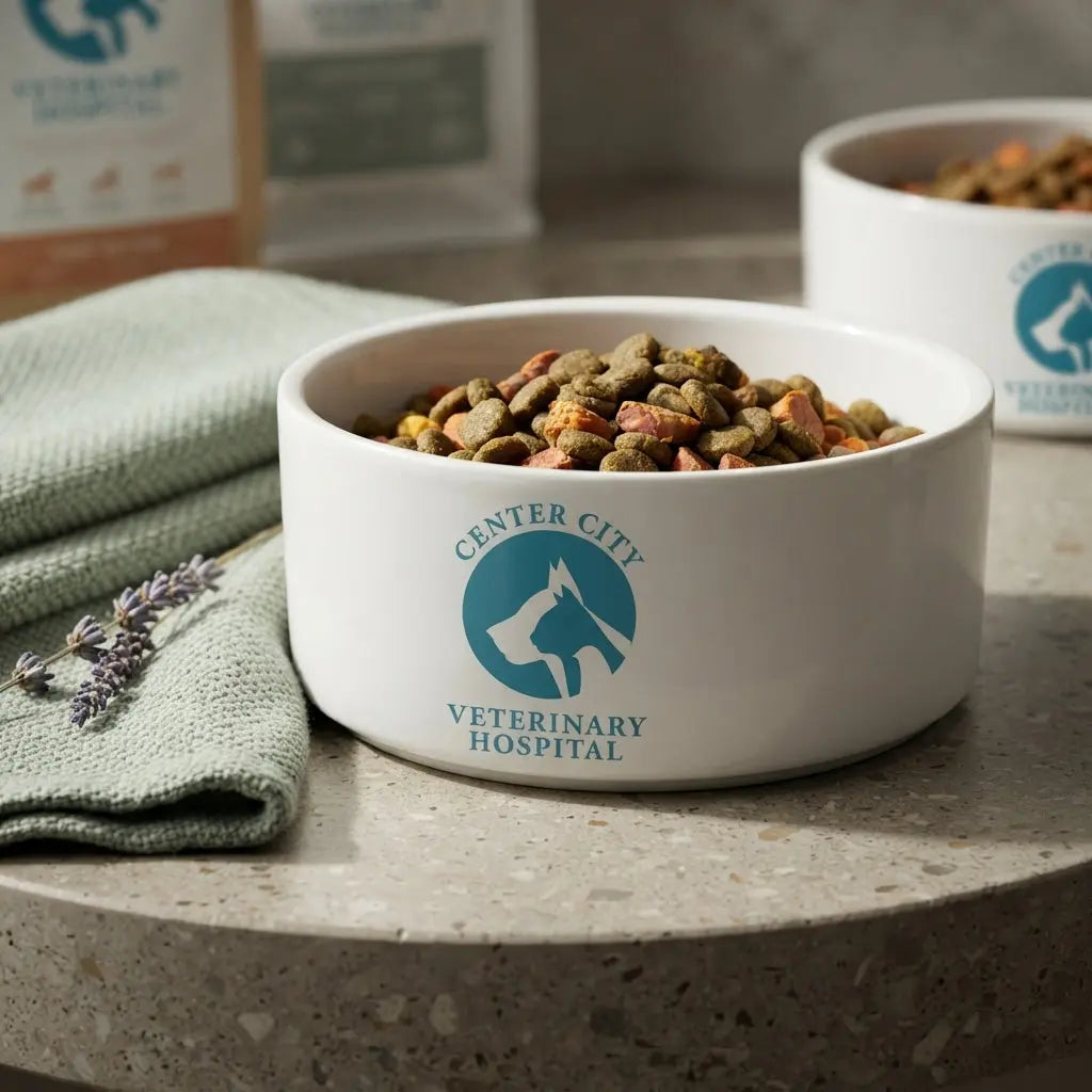 Winks Design Studio LLC Center City Vet dog bowl with a colorful, modern design for pet food and water.
