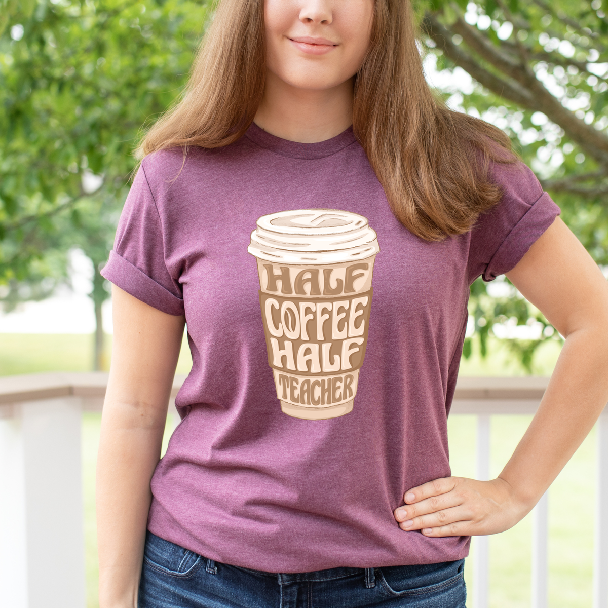 Half coffee, half teacher graphic T-shirt from Winks Design Studio, LLC, featuring a playful design on a casual shirt.