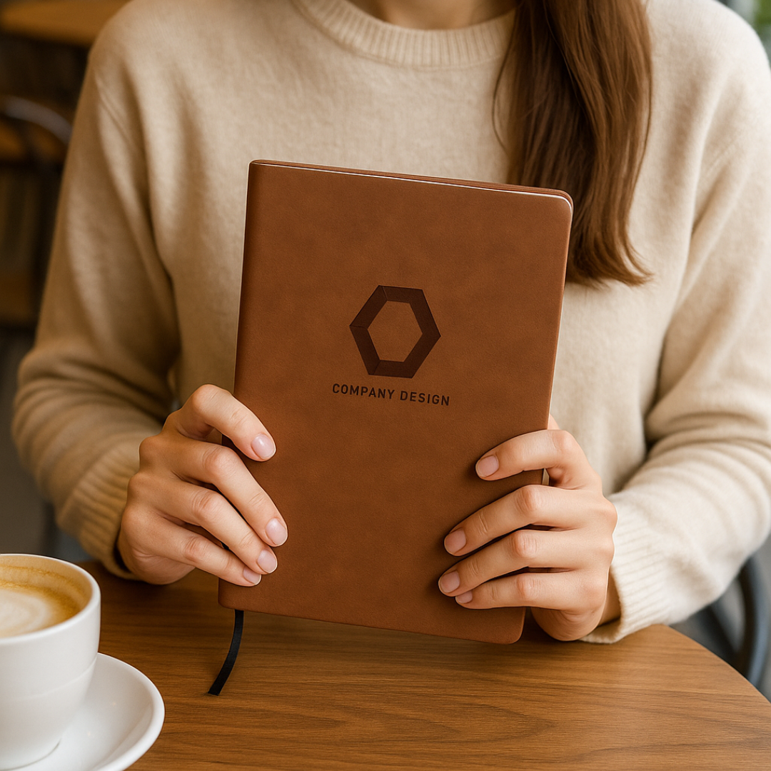 A woman holding a brown notebook on a table with a cup of coffee