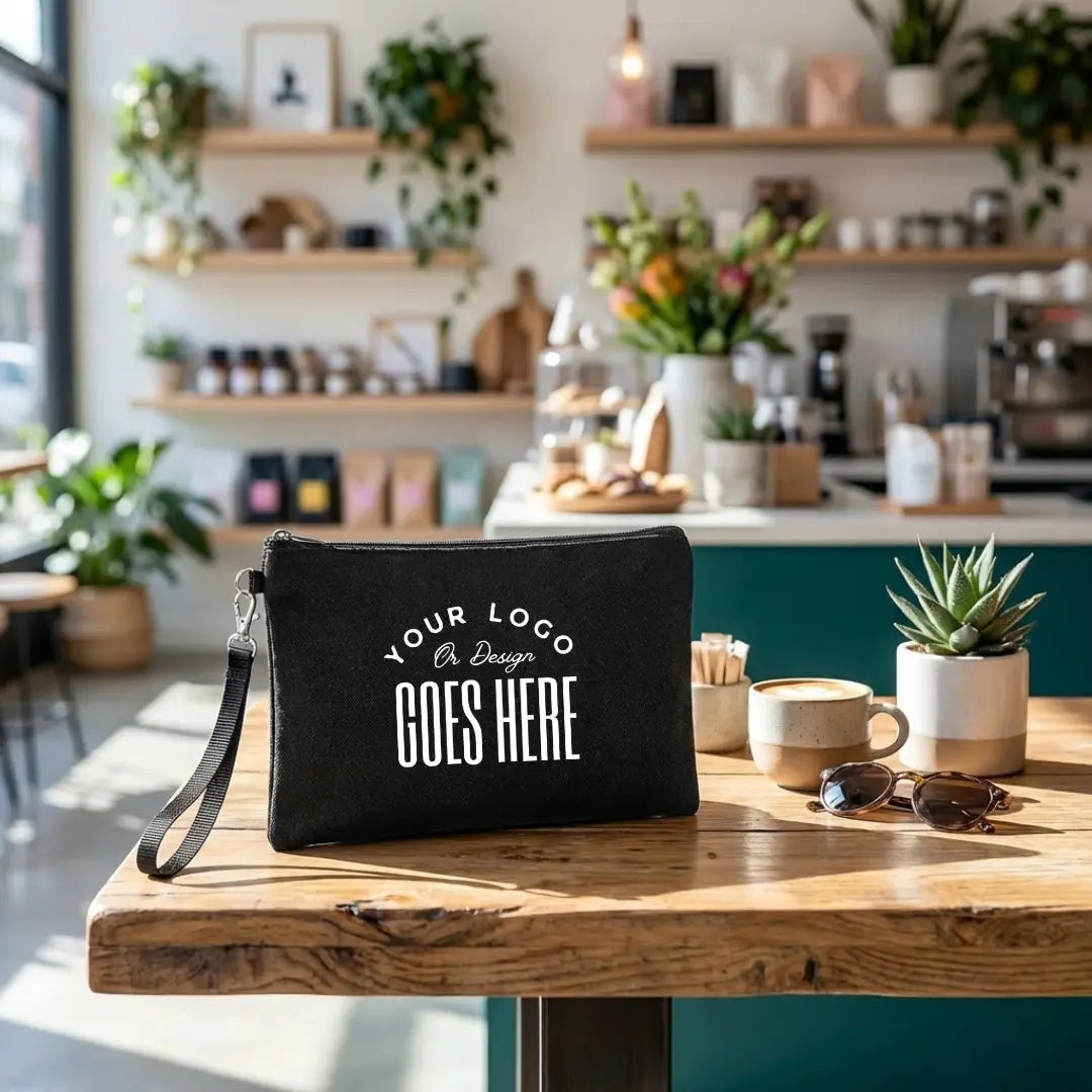 Custom cosmetic bag with wrist strap by Winks Design Studio, LLC, featuring a stylish fabric exterior and compact design.