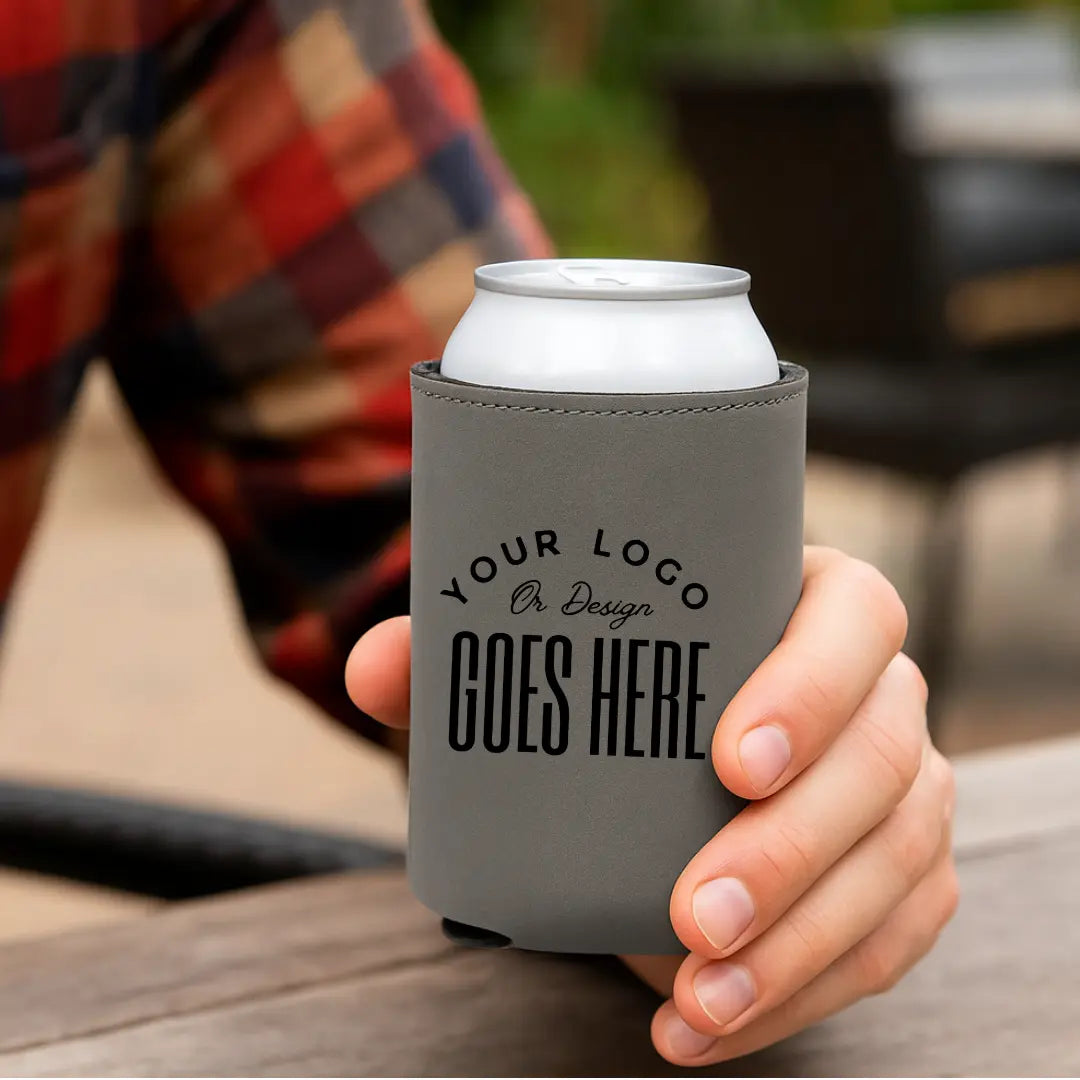Custom leather can sleeve by Winks Design Studio, LLC, showcasing a sleek, handcrafted leather koozie for protecting beverage cans.