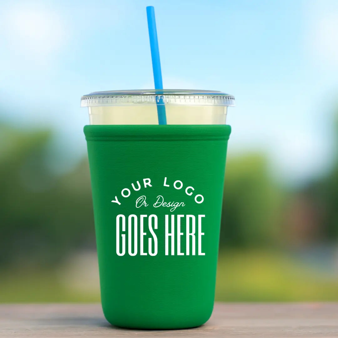 Custom neoprene cup sleeve by Winks Design Studio, LLC, showing a colorful, snug-fitting protective cover for coffee cups.