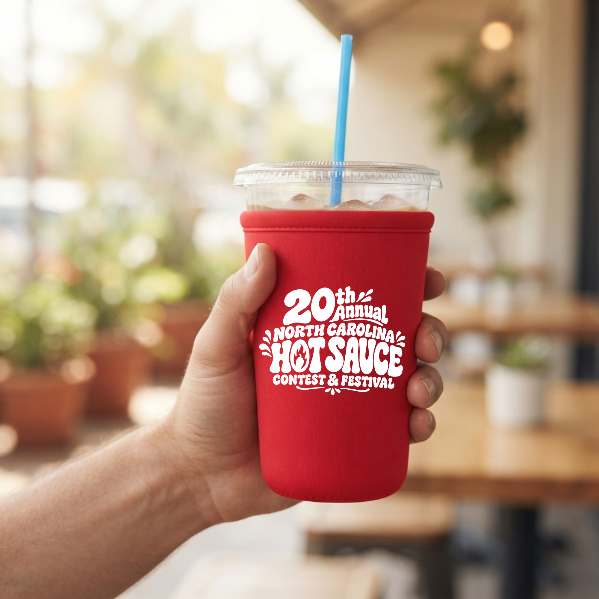 Winks Design Studio NC Hot Sauce Festival bubble letter cup sleeve with "20 Years of Hot Sauce Fest" design on white background
