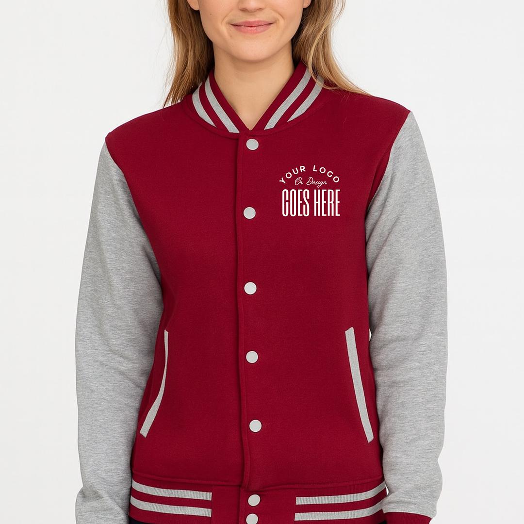 Red and gray varsity jacket with customizable text on a white background