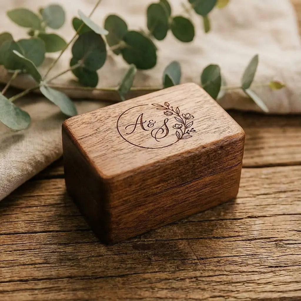 Custom engraved wood jewelry box by Winks Design Studio, LLC, featuring a personalized design and a secure lid.