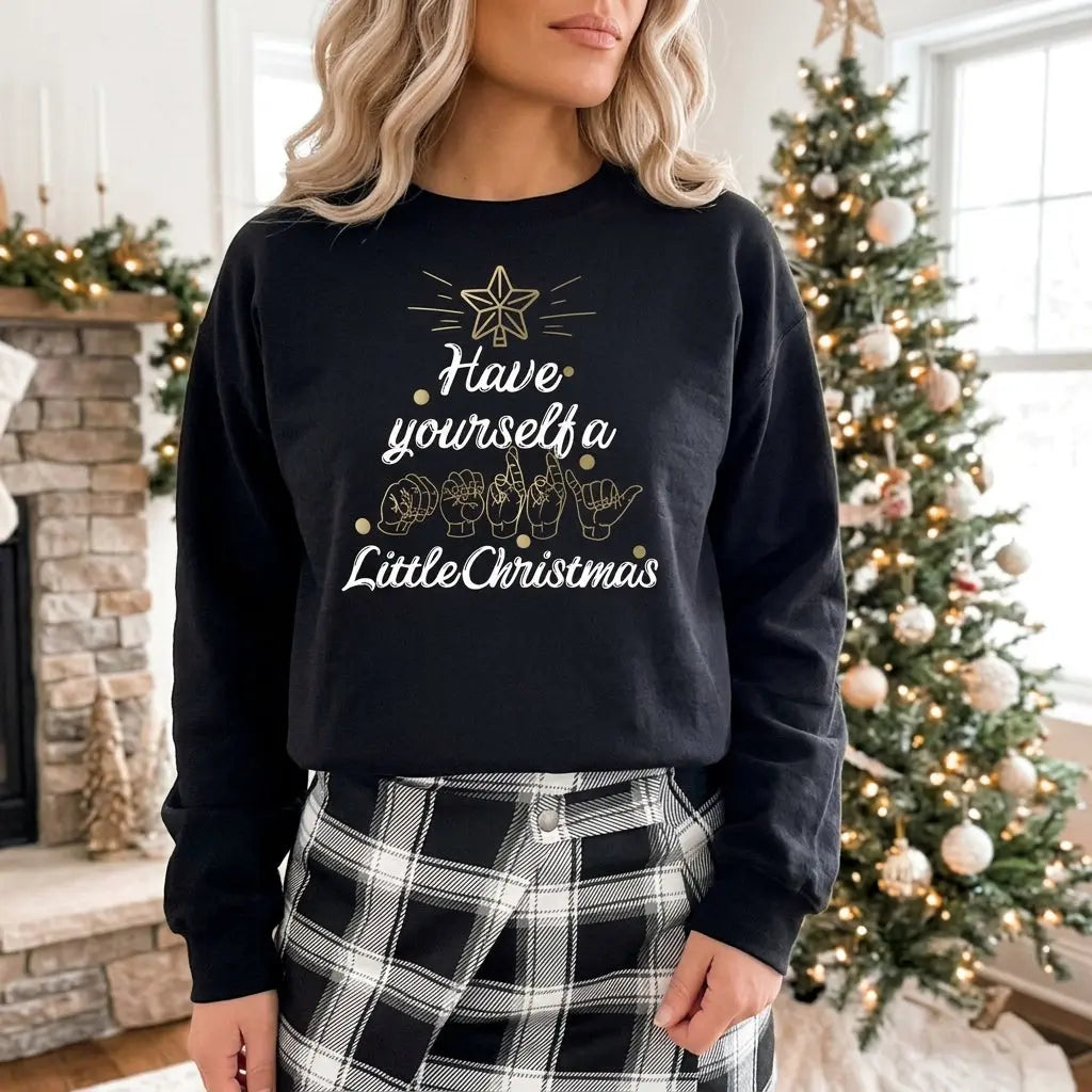 Long sleeve shirt featuring festive "Merry Little Christmas" design by Winks Design Studio, LLC, with holiday-themed ASL graphics.