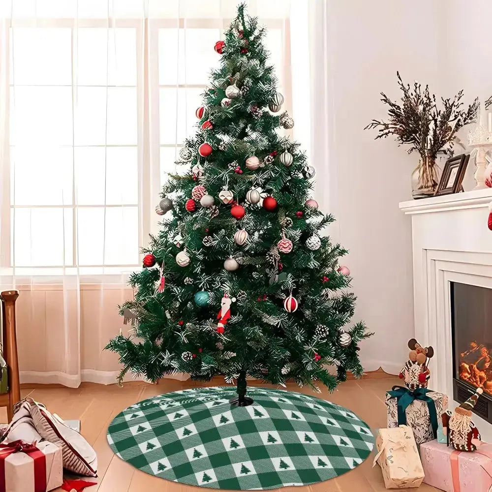 Buffalo check Christmas tree skirt in red and black plaid design, decorative holiday accessory by Winks Design Studio, LLC.