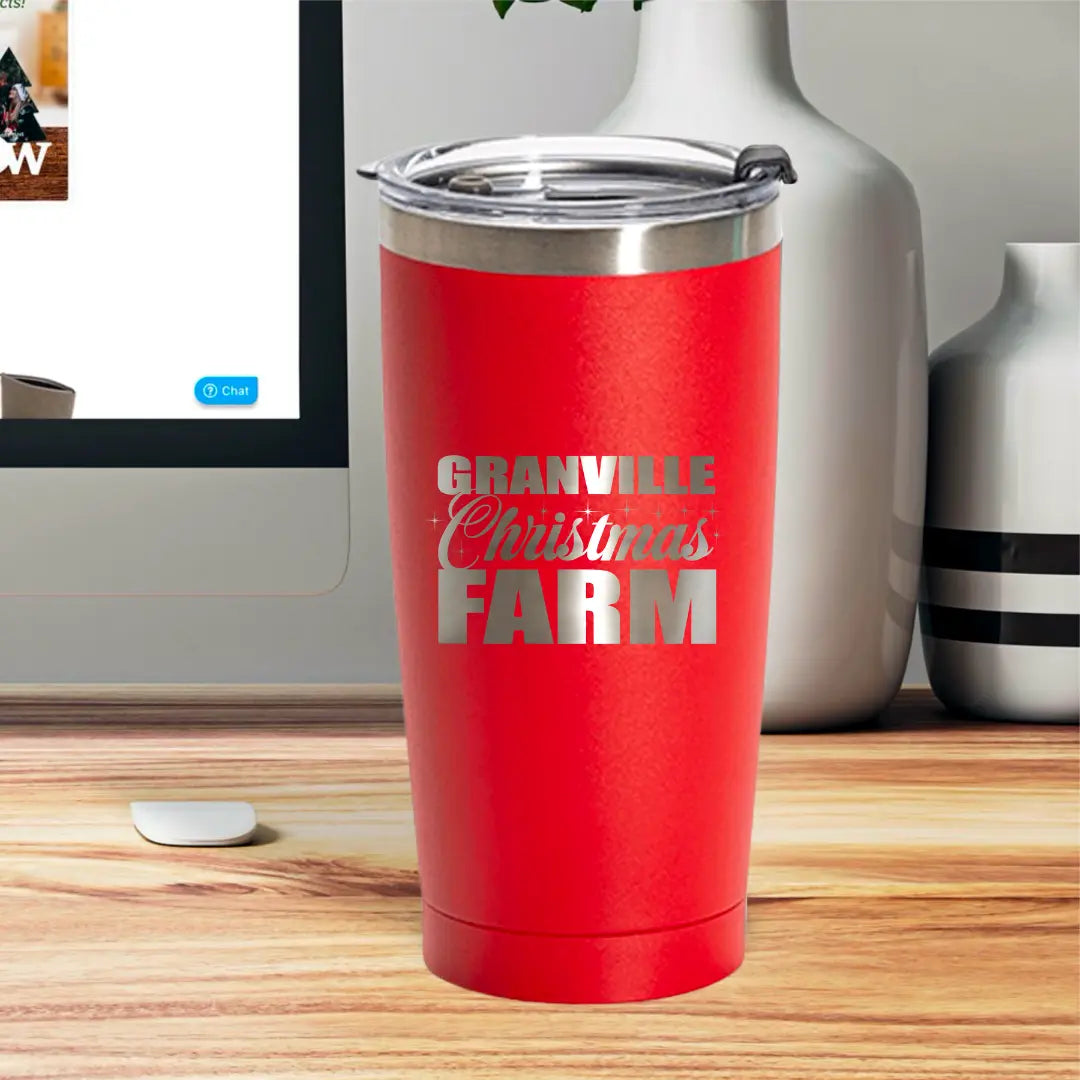 Granville Christmas Farm 20oz tumbler by Winks Design Studio, LLC, featuring festive holiday farm scene on durable drinkware