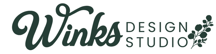 A logo-style graphic reading 'Winks Design Studio' in dark green text on a white background, with a small leafy branch illustration at the right.