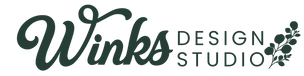A logo-style graphic reading 'Winks Design Studio' in dark green text on a white background, with a small leafy branch illustration at the right.