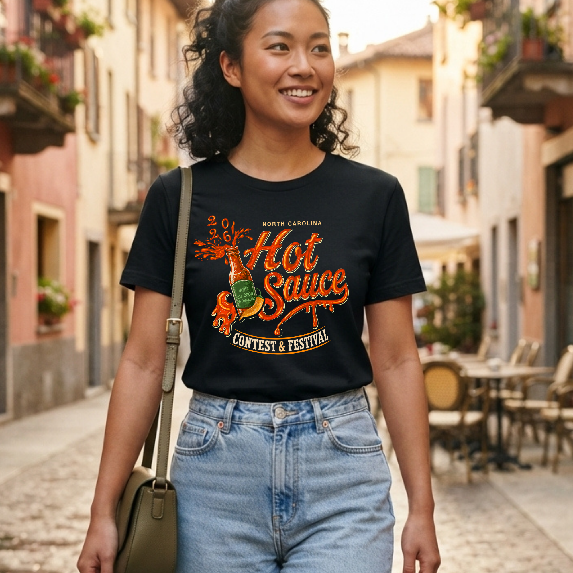 Winks Design Studio NC Hot Sauce Festival Bottle T-shirt featuring colorful hot sauce bottle graphic on a casual tee.