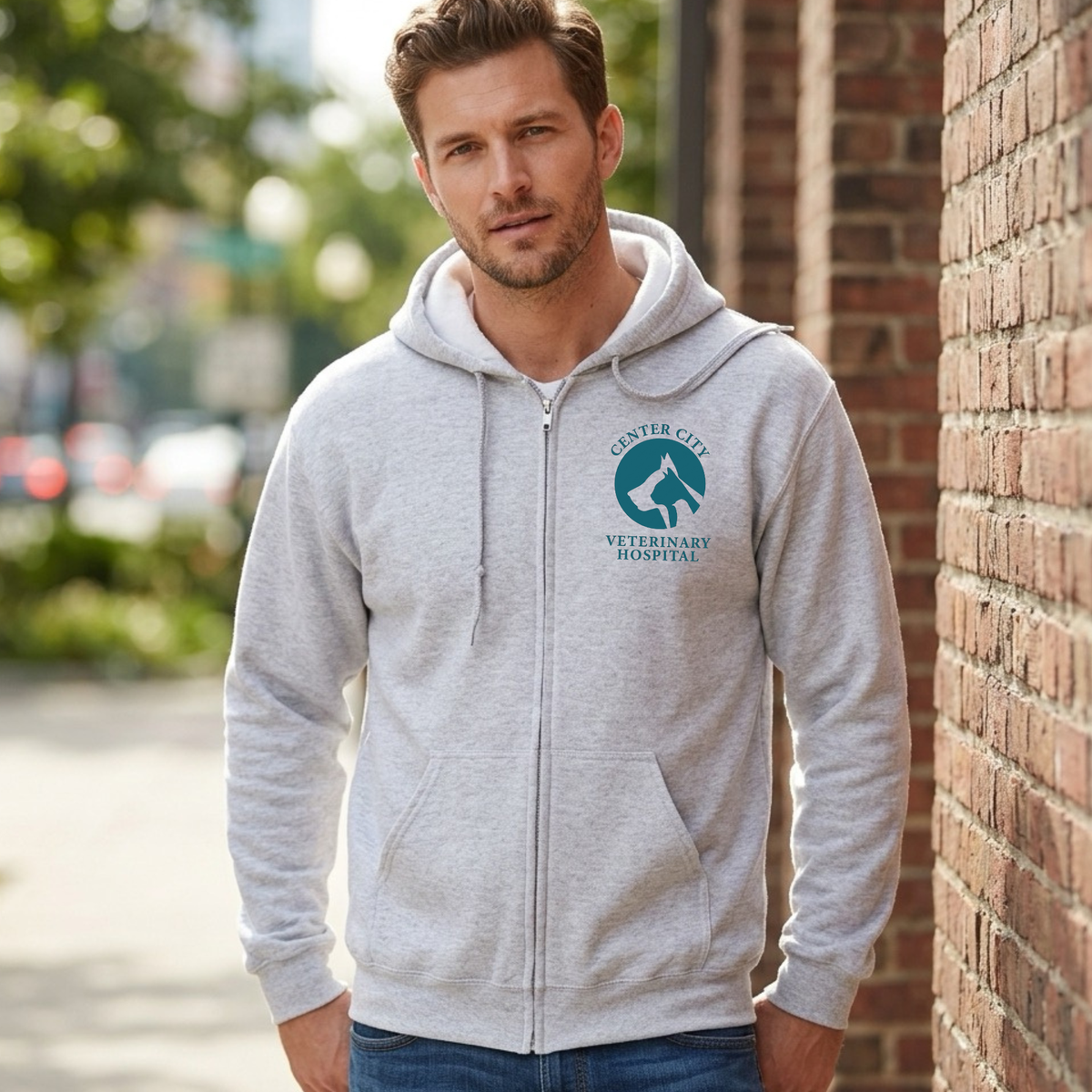 Winks Design Studio Center City Vet full zip hoodie, gray fleece with front pockets and zip closure, casual and comfortable.