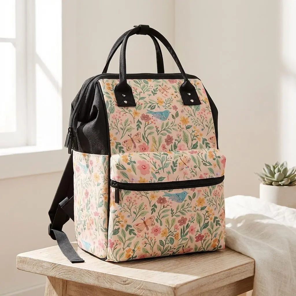 Winks Design Studio duckbilled backpack featuring colorful garden storybook design with adjustable straps and spacious interior.